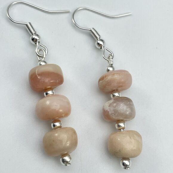 Stunning Pink Opal Round Beaded Dangle Earrings Silver Tone Boho Classic Cute - Picture 2 of 6